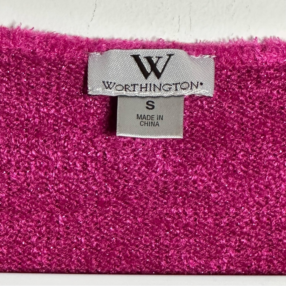 Worthington Fuchsia Scoop Neck Fuzzy Pink Shimmer Sweater Small Blouson Sleeve - Picture 6 of 13